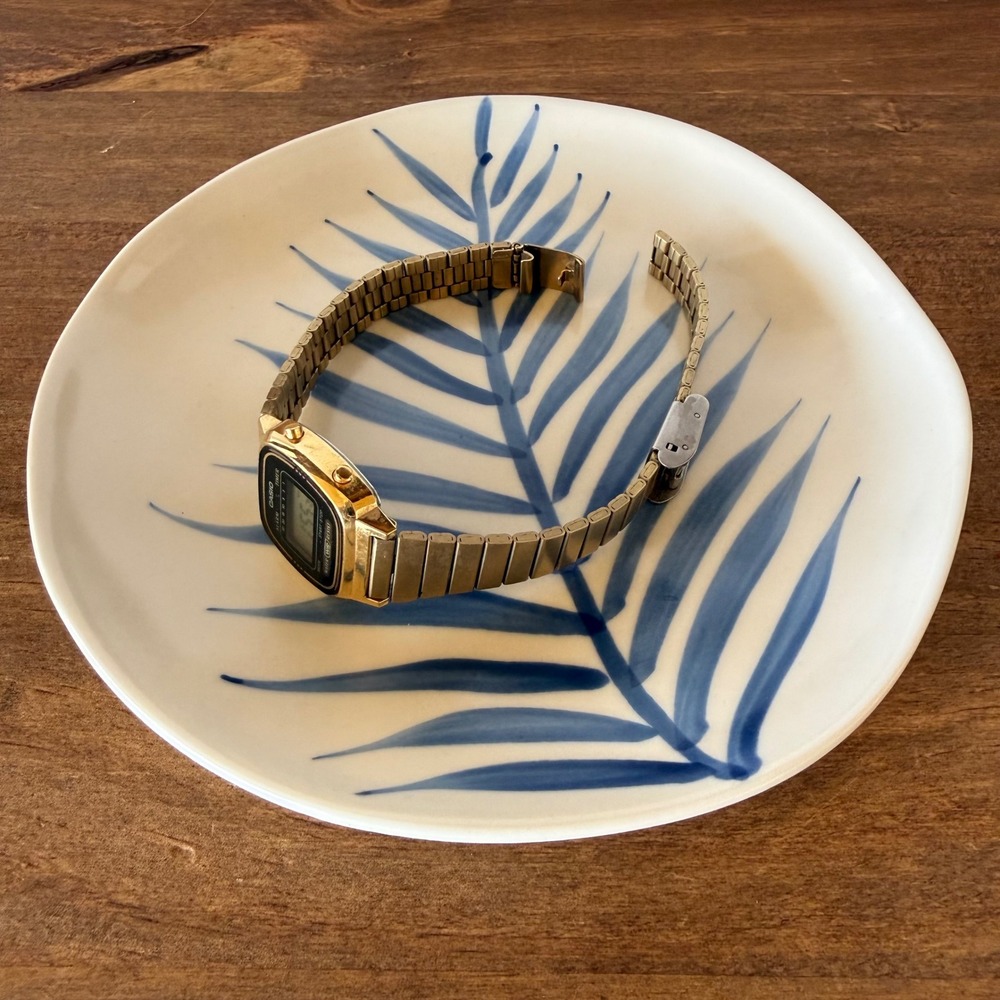 MH Blue White Ceramic Palm Leaf Small Plate Trinket Dish Botanical